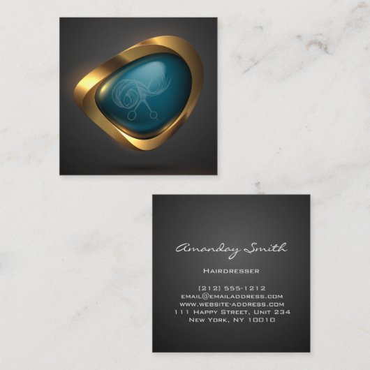 Gold Blauwgroen Logo Modern Hairdresser Stylist Vierkante Visitekaartje (Voorkant / Achterkant)