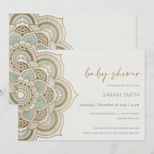  Gold Blauwgroen Mandala Baby shower Uitnodigen Bedankkaart (Voorkant / Achterkant)