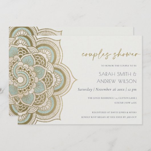  Gold Blauwgroen Mandala Couples Shower Invite Bedankkaart (Voorkant / Achterkant)