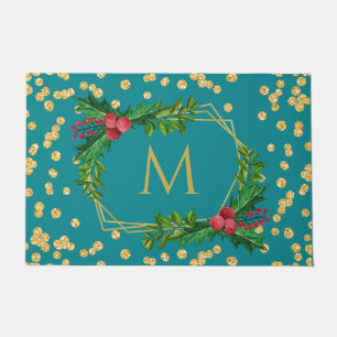 Gold Blauwgroen Monogram Merry kerst Holly Glitter Deurmat