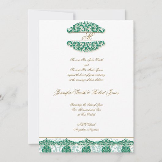 Gold Blauwgroen Monogram Weddenschap Kaart (Voorkant)