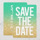 Gold Blauwgroen Ombre Glitter Save the Date Typogr Kaart (Voorkant / Achterkant)