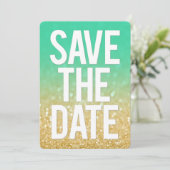 Gold Blauwgroen Ombre Glitter Save the Date Typogr Kaart (Staand voorkant)