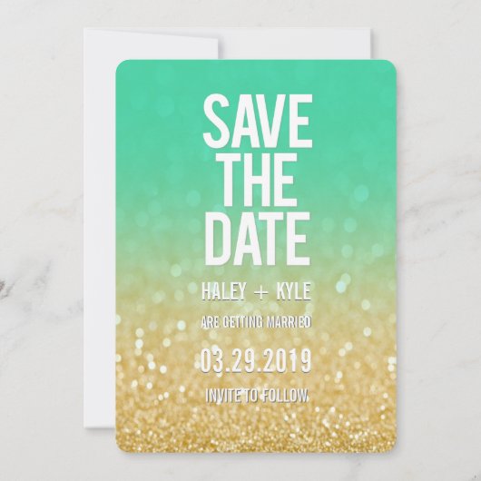 Gold Blauwgroen Ombre Glitter Save the Date Typogr Kaart (Achterkant)
