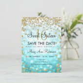 Gold Blauwgroen Ombre Sweet 16 Save the Date Glitt Kaart (Staand voorkant)