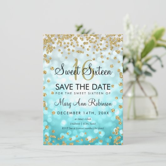 Gold Blauwgroen Ombre Sweet 16 Save the Date Glitt Kaart (Staand voorkant)