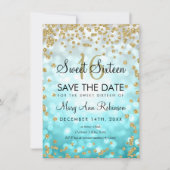Gold Blauwgroen Ombre Sweet 16 Save the Date Glitt Kaart (Voorkant)