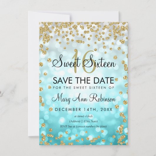 Gold Blauwgroen Ombre Sweet 16 Save the Date Glitt Kaart (Voorkant)