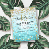 Gold Blauwgroen Ombre Sweet 16 Save the Date Glitt Kaart