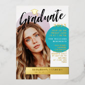 Gold & Blauwgroen Retro Arch Photo Afstuderen Folie Uitnodiging (Voorkant)