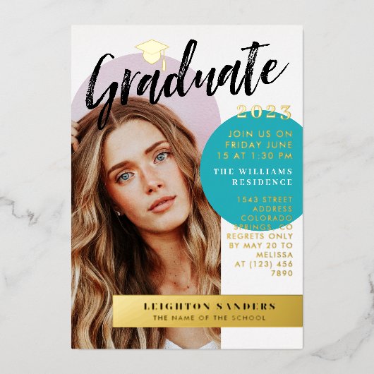 Gold & Blauwgroen Retro Arch Photo Afstuderen Folie Uitnodiging (Voorkant)