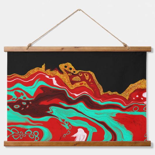 Gold-, Blauwgroen-, rood- en zwarte-fluïde kunst Hangend Wandkleed (Voorkant)