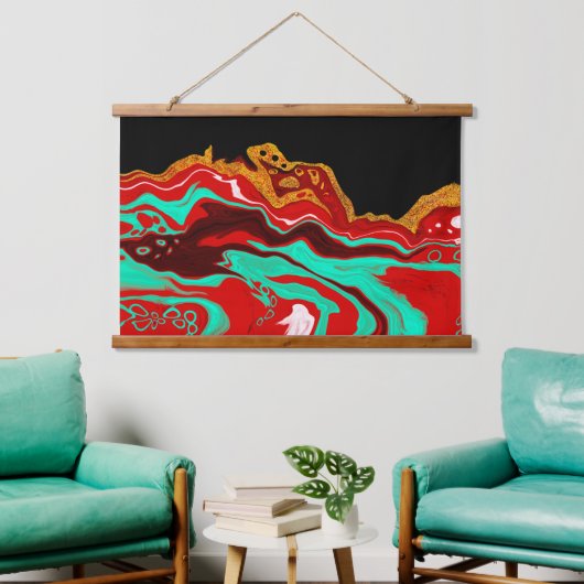Gold-, Blauwgroen-, rood- en zwarte-fluïde kunst Hangend Wandkleed (Woonkamer)
