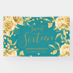 Gold Blauwgroen Sweet 16 Glitter Confetti Floral Spandoek