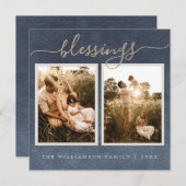 Gold Blessings Dark Blue kerstfoto-feestdag Feestdagenkaart (Voorkant / Achterkant)