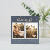 Gold Blessings Dark Blue kerstfoto-feestdag Feestdagenkaart (Staand voorkant)