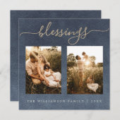 Gold Blessings Dark Blue kerstfoto-feestdag Feestdagenkaart (Voorkant / Achterkant)