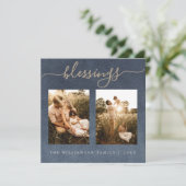 Gold Blessings Dark Blue kerstfoto-feestdag Feestdagenkaart (Staand voorkant)