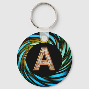Gold Bling Letter A Blauwgroen wervelkolom Sleutelhanger