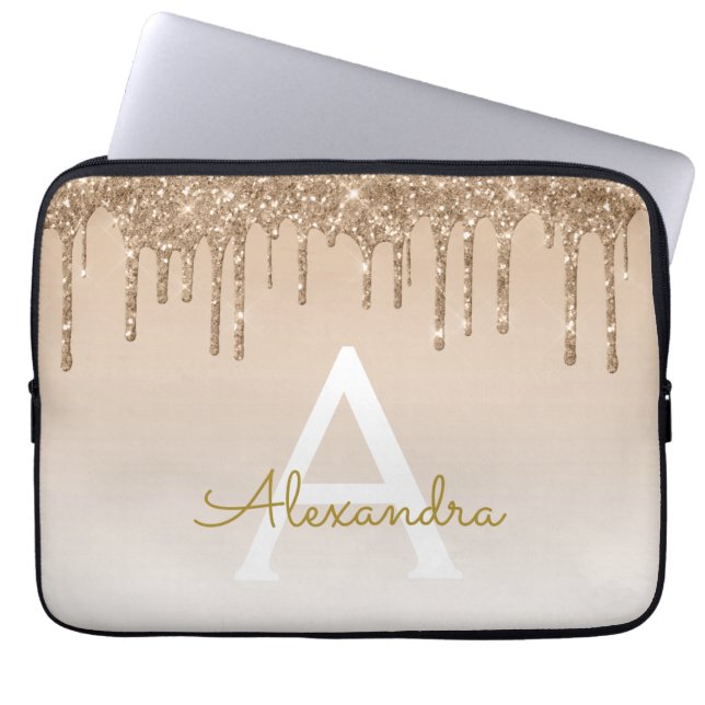 Gold Bling | Luxe Sparkly Glitter Monogram Laptop Sleeve (Voorkant)