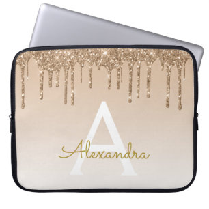 Gold Bling   Luxe Sparkly Glitter Monogram Laptop Sleeve