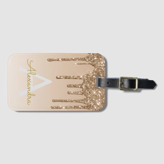 Gold Bling Sparkle Glitter Monogram Naam Bagagelabel (Voorkant (horizontaal))