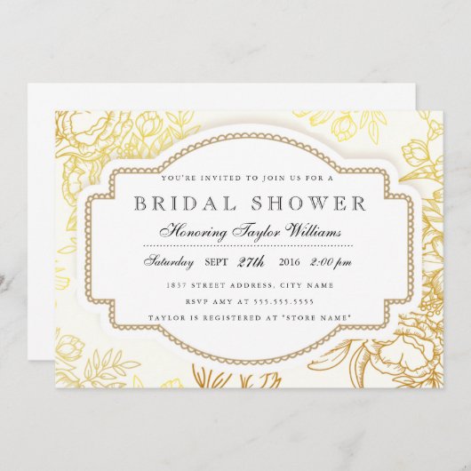 Gold  Bloemen Bruids Douche Uitnodiging (Voorkant / Achterkant)