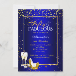 Gold Blue 50 Fabulous Birthday champagne party Kaart