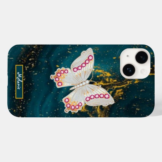  Gold Blue Acrylic Paint Butterfly Monogram  Case-Mate iPhone Case (Achterkant (horizontaal))