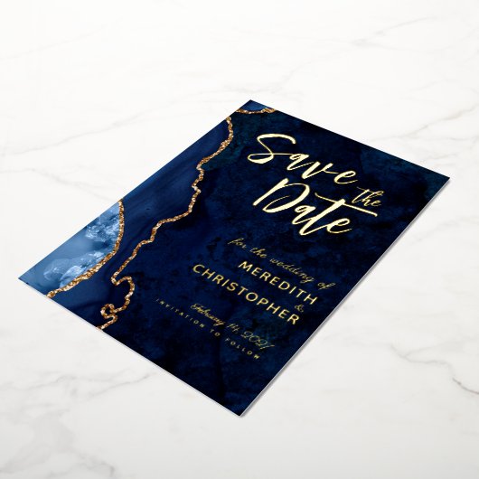 Gold Blue Agaat Wedding Save the Date Gold Folie Uitnodiging (Gedraaid)