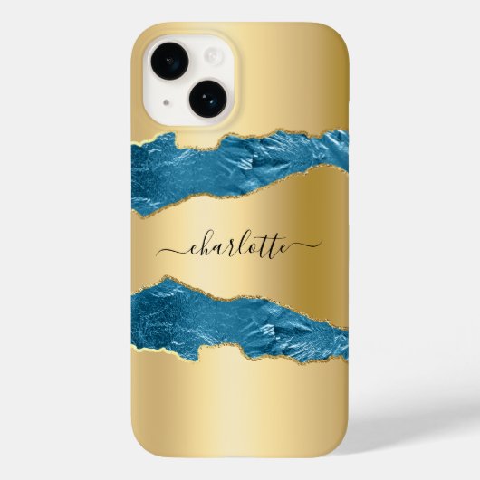 Gold blue agate marmer name script Case-Mate iPhone case (Achterkant)