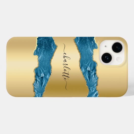 Gold blue agate marmer name script Case-Mate iPhone case (Achterkant (horizontaal))