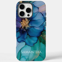 Gold Blue Aqua Blauwgroen Flower iPhone 16 Pro Max Hoesje