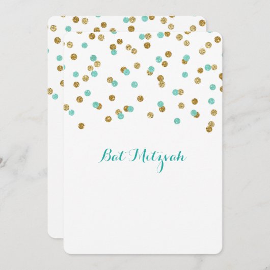 Gold Blue Aqua Confetti Bat Mitswa Uitnodigingen (Voorkant / Achterkant)