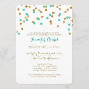 Gold Blue Aqua Confetti Bat Mitzvah Kaart