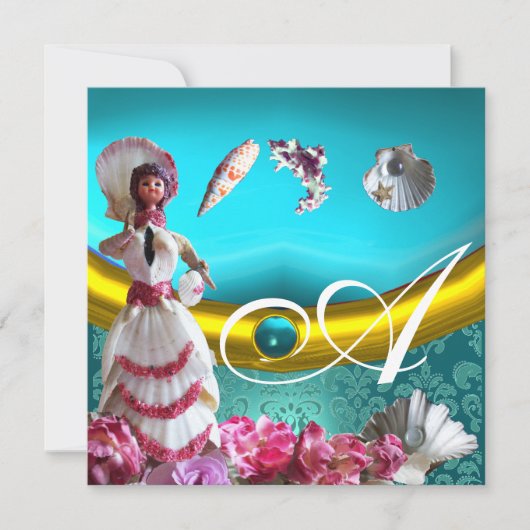 GOLD BLUE AQUAMARINE DAMASK BEACH WEDDING MONOGRAM KAART (Voorkant)