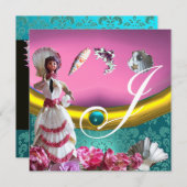 GOLD BLUE AQUAMARINE DAMASK BEACH WEDDING MONOGRAM KAART (Voorkant / Achterkant)