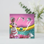 GOLD BLUE AQUAMARINE DAMASK BEACH WEDDING MONOGRAM KAART (Staand voorkant)