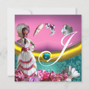 GOLD BLUE AQUAMARINE DAMASK BEACH WEDDING MONOGRAM KAART