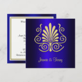 Gold Blue Art Deco Damask Wedding Invite 2 Kaart (Voorkant / Achterkant)
