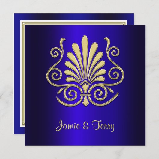 Gold Blue Art Deco Damask Wedding Invite 2 Kaart (Voorkant / Achterkant)