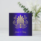 Gold Blue Art Deco Damask Wedding Invite 2 Kaart (Staand voorkant)