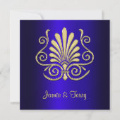 Gold Blue Art Deco Damask Wedding Invite 2 Kaart (Voorkant)