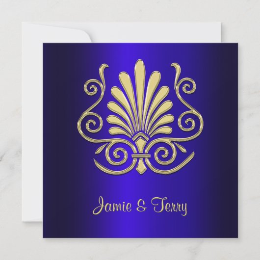 Gold Blue Art Deco Damask Wedding Invite 2 Kaart (Voorkant)
