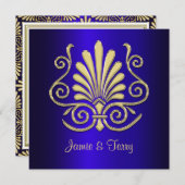 Gold Blue Art Deco Damask Wedding Invite 2 Kaart (Voorkant / Achterkant)