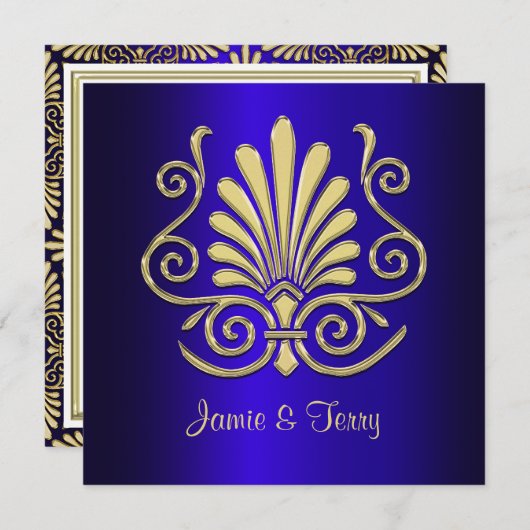 Gold Blue Art Deco Damask Wedding Invite 2 Kaart (Voorkant / Achterkant)