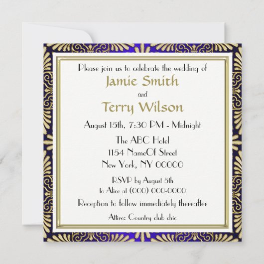 Gold Blue Art Deco Damask Wedding Invite 2 Kaart (Achterkant)