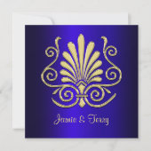 Gold Blue Art Deco Damask Wedding Invite 2 Kaart (Voorkant)