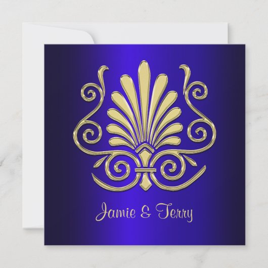 Gold Blue Art Deco Damask Wedding Invite 2 Kaart (Voorkant)