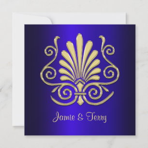 Gold Blue Art Deco Damask Wedding Invite 2 Kaart